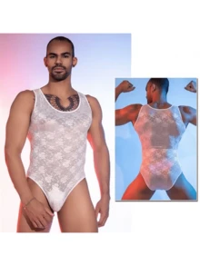 Body de encaje transparente para hombre, body seductor, camiseta sin mangas ajustada sexy para hombre, lencería sexy ajustada - Blanco - Ver 1
