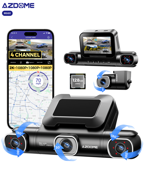 AZDOME 4 Canali Dash Cam Auto, 2.5K+1K+1K+1K Telecamera per Auto con WiFi GPS, Rotazione a 360° anteriore posteriore all'interno sinistra destra Specchio Dash Cam, G-Sensor, Visione Notturna, Monitor di Parcheggio, Registrazione in Loop, 128GB