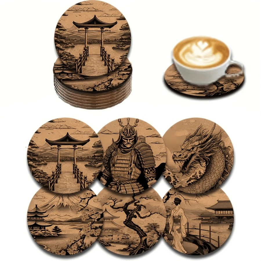 6pcs Japanese Cherry Blossom & Samurai Wooden Coaster Set - Traditional Torii Gate, Pagoda, And Dragon Designs, Ideal For Coffee Mugs, Glassware - Perfect Holiday Gift