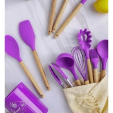 Kitchen Set Kit With 12 Silicone Pieces, Utensils And Cup Holder For Kitchen With Wooden Handle - Purple - View 2