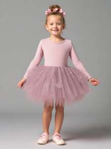 Shiny Long Sleeve Tulle Ballet Skirt For Girls, Solid Powder Pink Color, Children Dance Sportswear
