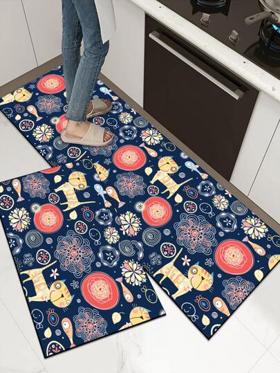 1pc Silicone Kitchen Mat With Cat & Underwater World Pattern, Handmade Design, Cartoon Style, Cushioned Anti-Fatigue Kitchen Rug, Water Absorbent & Easy To Clean, 3mm Thick, Can Be Trimmed To Size, Simple Silicone Soft Rubber Mat With Durability And Comfort, Top Fabric, Middle Sponge, Bottom Rubber, Suitable For Kitchen, Bathroom, Entrance, Laundry Room
