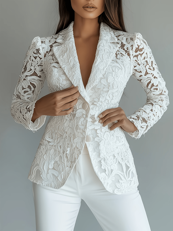 Spring/Summer White/Black Lace Blazer For Women, Notch Lapel,See-Through Long Sleeves , Regular Fit, Floral Embroidered, Sheer Fabric, Elegant Formal Style, Perfect For Fashion - Forward Ladies