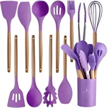Kitchen Set Kit With 12 Silicone Pieces, Utensils And Cup Holder For Kitchen With Wooden Handle - Purple - View 3