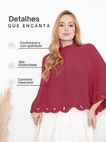 Women's Poncho Coat Knit Cape Elegant Blouse Winter Cold Warm Marrie Knit - 紫紅色 - 查看 2