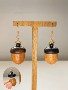 1 Pair Fashionable Creative Acorn Openable Dangle Earrings, Suitable For Women On Any Occasion - Brown - View 3