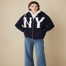 2025 Spring New Style  Letter Zipper Hoodie, Digital Printing Coat  Letter  Colorblock  Figure    Casual  Cute    Pocket  Zipper  Drawstring    Home - 黑色 - 查看 5