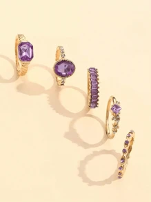 5 piezas, Minimalista, Anillos decorados con diamantes de imitación en forma de rombo y gota de agua, adecuados para mujeres, accesorios para fiestas, regalos especiales para familiares y amigos