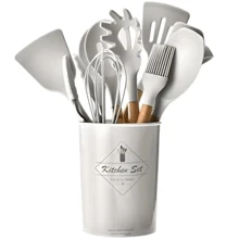 Kitchen Set Kit With 12 Silicone Pieces, Utensils And Cup Holder For Kitchen With Wooden Handle - White - View 1