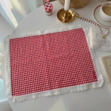 1pc/6pcs Red Small Plaid Lace Edge Placemats, Decorative Tablecloth, Photography Backdrop, Napkin