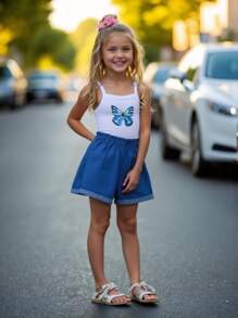 Conjunto informal de 2 piezas para niñas pequeñas, top de tirantes con estampado de mariposas y pantalones cortos de aspecto vaquero, apto para niñas de 4 a 7 años, para uso en exteriores en verano