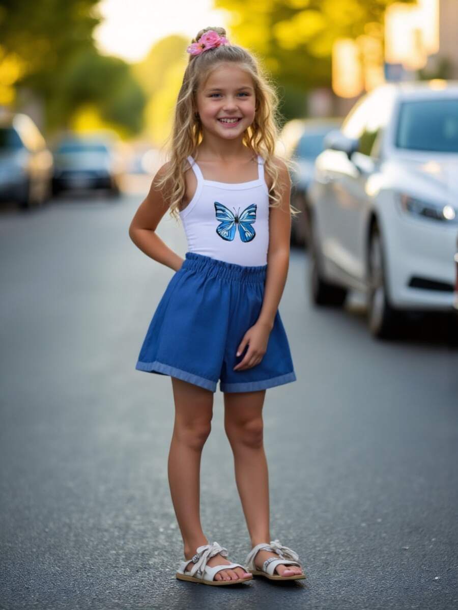 Conjunto informal de 2 piezas para niñas pequeñas, top de tirantes con estampado de mariposas y pantalones cortos de aspecto vaquero, apto para niñas de 4 a 7 años, para uso en exteriores en verano