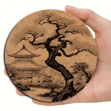6pcs Japanese Cherry Blossom & Samurai Wooden Coaster Set - Traditional Torii Gate, Pagoda, And Dragon Designs, Ideal For Coffee Mugs, Glassware - Perfect Holiday Gift
