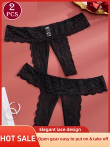 2 件时尚半透明镂空性感开裆内裤，女士柔软舒适日常内衣 - 黑色 - 查看 2