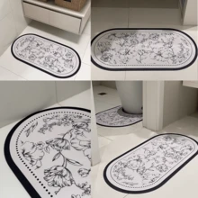 1/3 Pieces Set Of Retro Bathroom Set, Sketch Floral Pattern, Non-Slip Absorbent Floor Mats, Diatom Mud Floor Mats, Retro Decorative Floor Mats, Bathroom U-Shaped Toilet Mats, Wash Basin Absorbent Foot Mats, 2.5mm Thickness Back To School Entryway Decor Bathroom Kitchen Decor - Black Sketch Flowers - View 7