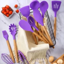 Kitchen Set Kit With 12 Silicone Pieces, Utensils And Cup Holder For Kitchen With Wooden Handle - Purple - View 4