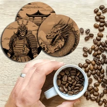 6pcs Japanese Cherry Blossom & Samurai Wooden Coaster Set - Traditional Torii Gate, Pagoda, And Dragon Designs, Ideal For Coffee Mugs, Glassware - Perfect Holiday Gift