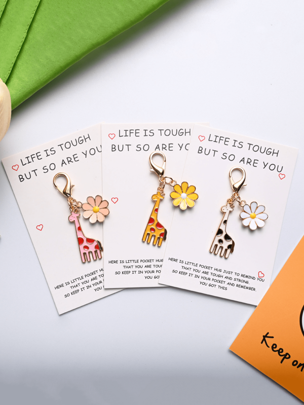 1 قلادة مفتاح على شكل زرافة وزهرة البابونج، بطاقة تحفيزية "الحياة صعبة لكن أنت أقوى منها"، تذكار صداقة فريد، هدية إكسسوار ديكوري، مناسب للأصدقاء والأزواج، إكسسوارات السيارة، تعليقات الحقيبة، الحقيبة المدرسية، جوثيك كيوت Y2K، سلاسل الهوية