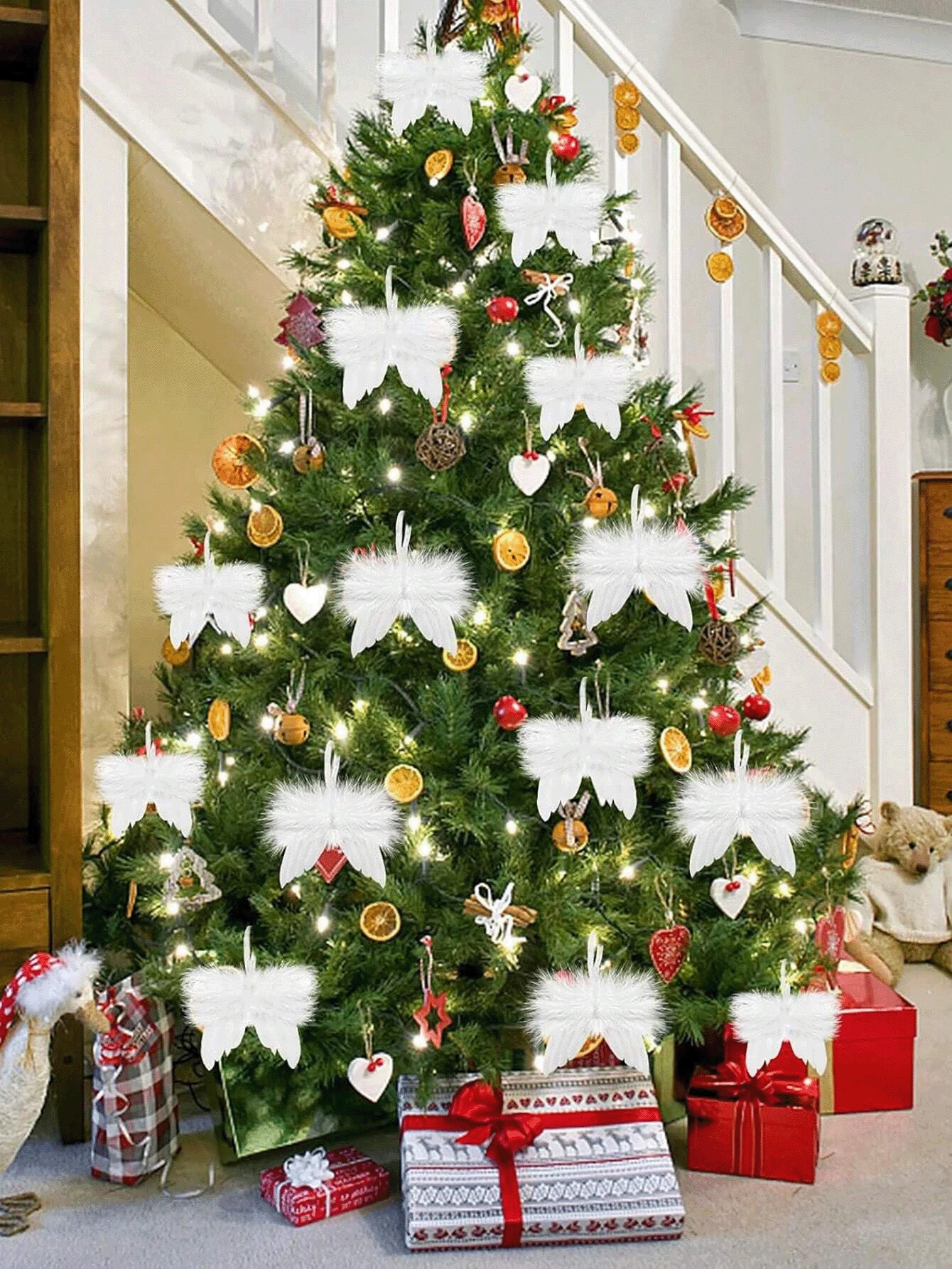 5/10/20pcs White Feather Angel Wings Decor, Christmas Tree Ornament, DIY Craft Supplies, Wreath Accessories Perfect For Christmas Home Party Decorations