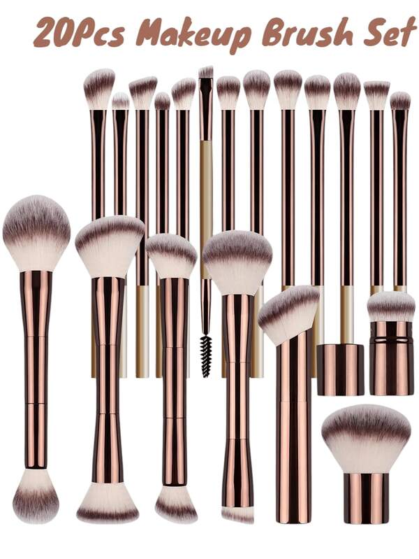 Juego de 20 piezas de brochas de maquillaje profesionales - Brochas de manija larga de aluminio para polvo, rubor, sombras de ojos, cejas y talla grande - Cerdas suaves, kit de belleza apto para viajes para mujeres y niñas