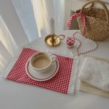 1pc/6pcs Red Small Plaid Lace Edge Placemats, Decorative Tablecloth, Photography Backdrop, Napkin