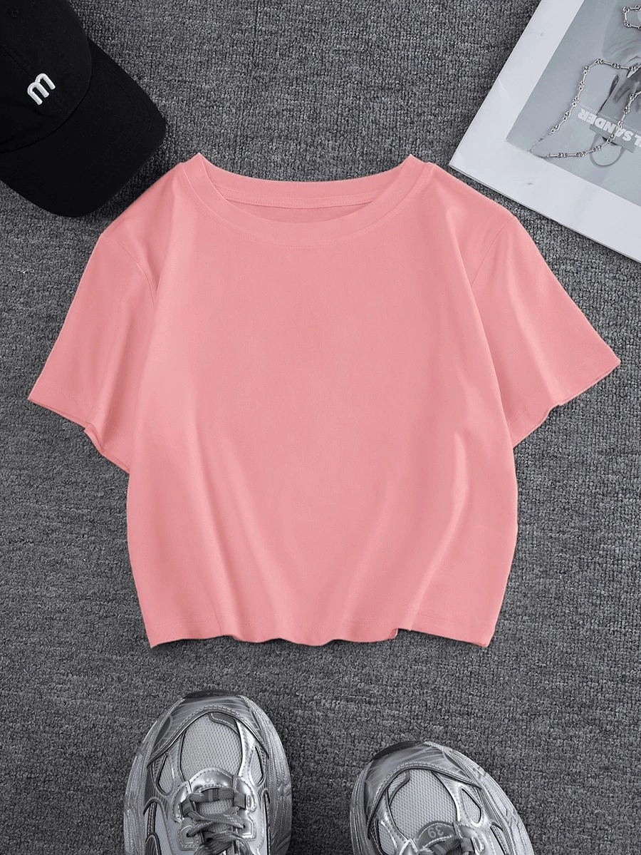 Top de manga corta, cuello redondo, ajustado y corto que deja al descubierto el abdomen, para mujer, informal, ropa deportiva, uso al aire libre - Rosa - Ver 1