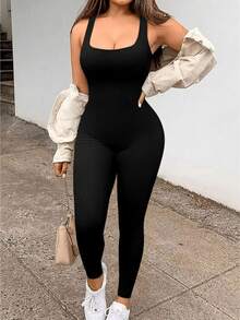 Seamless Long Fitness Jumpsuit High Compression Gym Yoga Sports Removable Pads