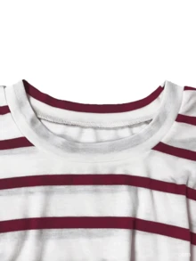 European And American Style Women's Elegant & Demure Commuter Dress. Featuring A Classic Vertical Stripe Design For A Slimming Effect, It Has A Small Round Neck Paired With A Waist-Cinching Belt. The Short Sleeve Length Is Perfect For Office Wear, While The Mid-Length Hem Offers A Neat And Elegant Look, Suitable For Both Daily Outings And Business Occasions. - Burgundy - View 4