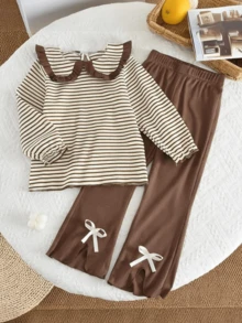 2 件套幼儿女孩休闲简约风格大翻领长袖条纹上衣和纯色喇叭裤套装，春秋