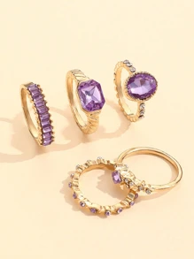5 piezas, Minimalista, Anillos decorados con diamantes de imitación en forma de rombo y gota de agua, adecuados para mujeres, accesorios para fiestas, regalos especiales para familiares y amigos