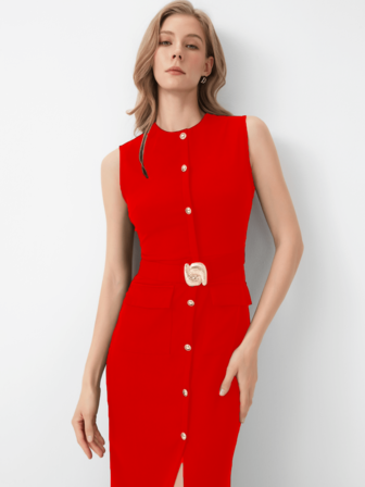 HZXVIC Abito senza maniche nero con bottoni dorati per attrici, stile elegante, che affina la vita e crea una silhouette a-line, abito da ufficio chic