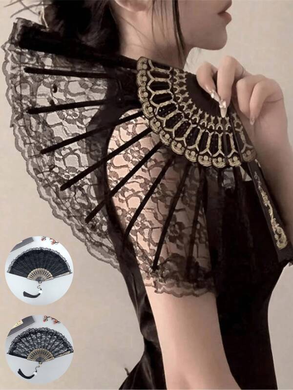 1pc New Chinese Vintage Black Lace Folding Fan,Decoration Hand Fan,Deluxe Cheongsam Fan Tasseled Old-Fashioned Style Best,Home Decor Classical Dance Stage Performance,Halloween Decorations, Holiday Costume Props Valentine's Day