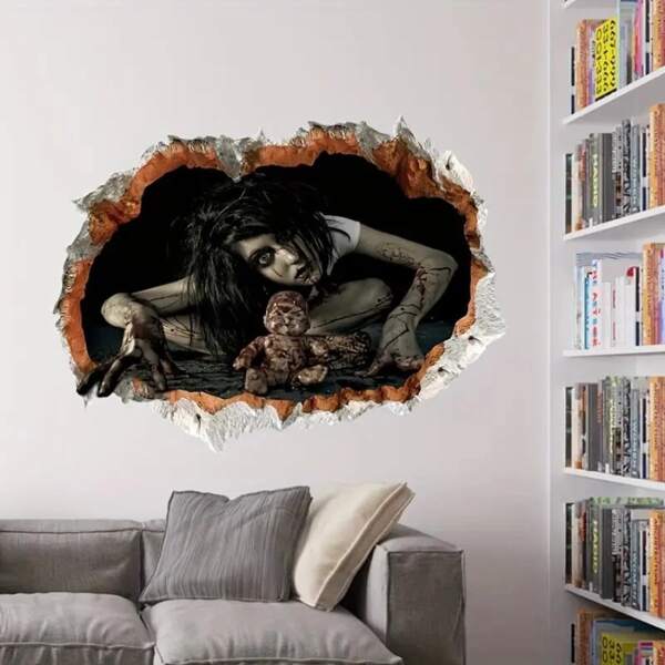 1pc Halloween 3D Horror Realistic Broken Wall Female Ghost Removable Wall Sticker, Decoration For Living Room, Hallway