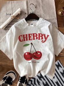 Conjunto de 3 piezas de camisetas con gráficos de cerezas, lindas blusas con lazo, perfectas para usar en verano, adecuadas para fitness o tiempo libre. - Blanco - Ver 3