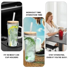 Glass Handle Cups With Lids And Straws 2 Packs, 24oz Travel Coffee Fall Cups Mug Mason Jar Party Drinking Glasses Cute Clear Glass Tumbler For Iced Coffee, Smoothie, Tea, Water - Handle 2 Cups - 查看 7