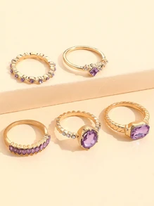 5 piezas, Minimalista, Anillos decorados con diamantes de imitación en forma de rombo y gota de agua, adecuados para mujeres, accesorios para fiestas, regalos especiales para familiares y amigos