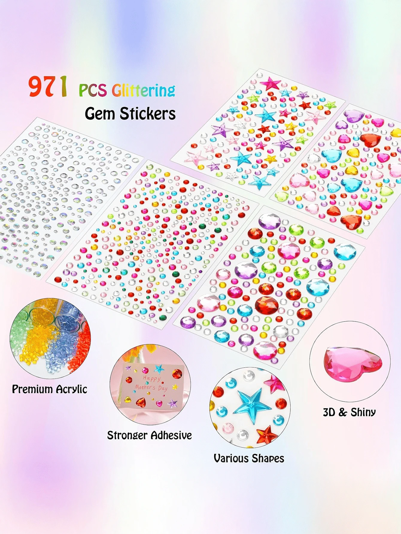 971pcs Crafts Gem Stickers Rhinestones For Crafts, DIY Decoration, Acrylic Bling Self Adhesive Rhinestone Jewel Stickers, Cute Star Heart Round Small Stickers For Women Adults, For Face Eye Body Makeup, Wrapping,Birthdays,Holidays,Back To School,School & Office Supplies