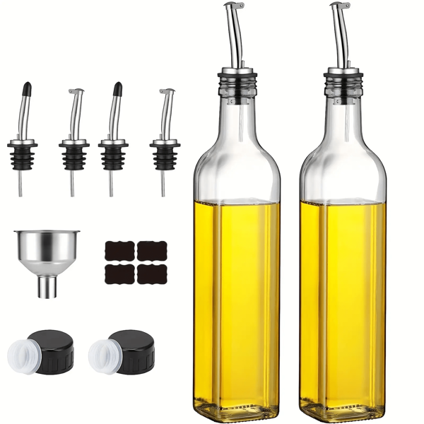 2 Stücke Öl- und Essigflaschen Set, je 500ml, transparente Flaschen für Öl und Essig, mit Ausgießer, Trichter und Etiketten - Glas Ölflasche mit Sieb für die Küche