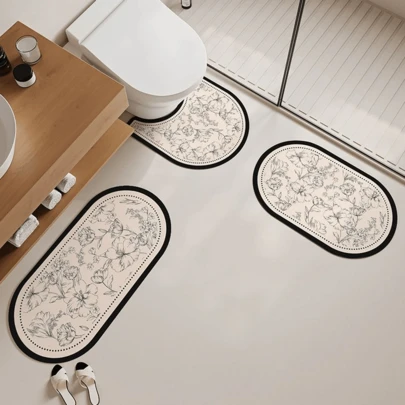 1/3 Pieces Set Of Retro Bathroom Set, Sketch Floral Pattern, Non-Slip Absorbent Floor Mats, Diatom Mud Floor Mats, Retro Decorative Floor Mats, Bathroom U-Shaped Toilet Mats, Wash Basin Absorbent Foot Mats, 2.5mm Thickness Back To School Entryway Decor Bathroom Kitchen Decor