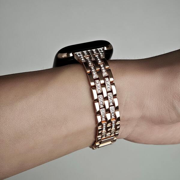 Roestvrijstalen horlogeband voor Apple Watch, elegante damesband geschikt voor kantoor, fitness, feestjes, met modieus strass-motief, roségoud/zilver, sluiting voor sieraden, geschikt voor Apple Watch S10/Ultra 1/Ultra 2/S9/S8/S7/S6/S5/Serie 4/SE, wijzerplaatmaat 40 mm/41 mm/42 mm/44 mm/45 mm/46 mm/49 mm, geschikt voor een polsomtrek van 15 cm tot 20 cm, inclusief gereedschap om de band te verwijderen voor eenvoudige aanpassing