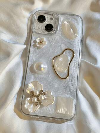Beach 3d Flower, Faux Pearl & Gemstone Decor Phone Case Compatible With IPhone15/15Plus/15Pro/15Promax 14/13 Pro Max/12/11, Full Coverage Drop Protection