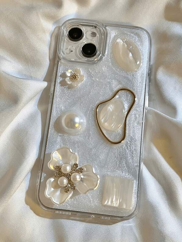 Beach 3d Flower, Faux Pearl & Gemstone Decor Phone Case Compatible With IPhone15/15Plus/15Pro/15Promax 14/13 Pro Max/12/11, Full Coverage Drop Protection