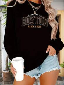 SUDADERA AFELPADA CUELLO REDONDO CON DISEÑO DE BOSTON BLACK & GOLD IDEAL PARA EL FRÍO - Negro - Ver 1