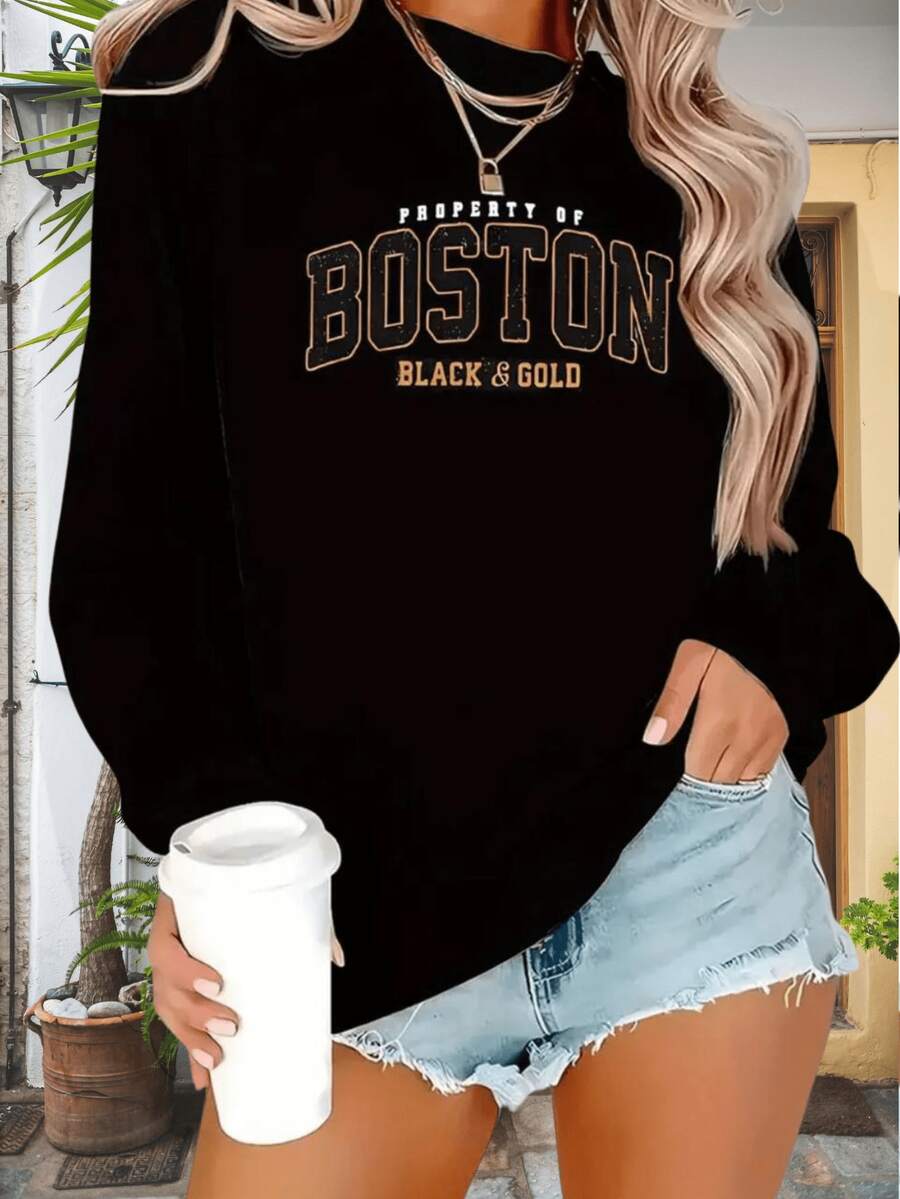 SUDADERA AFELPADA CUELLO REDONDO CON DISEÑO DE BOSTON BLACK & GOLD IDEAL PARA EL FRÍO - Negro - Ver 1