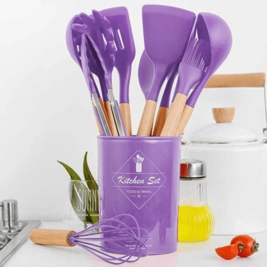 Kitchen Set Kit With 12 Silicone Pieces, Utensils And Cup Holder For Kitchen With Wooden Handle - Purple - View 1