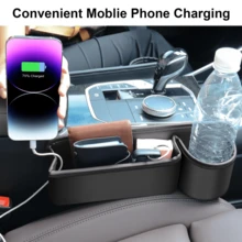 2 件可调节皮革汽车座椅侧缝填充储物盒带杯架，多功能汽车内饰储物盒，可放置手机、钥匙、太阳镜、卡片，黑色 - 黑色 - 查看 2