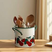 Vintage Floral Cast Iron Utensil Holder With 4 Compartments – Spoon, Fork, And Chopstick Rest, Cherry Pattern Drain Basket Organizer For Kitchen, Kitchen Utensils