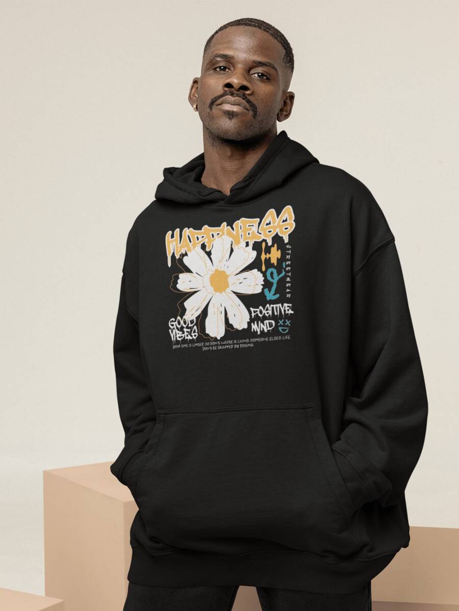 Men's Sweatshirt  Cold Weather Sweatshirt StreetWear Style  Black Tracksuit Happness Print - Lumo - 黑色 - 查看 1