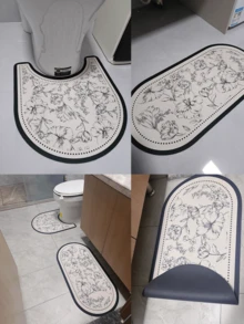 1/3 Pieces Set Of Retro Bathroom Set, Sketch Floral Pattern, Non-Slip Absorbent Floor Mats, Diatom Mud Floor Mats, Retro Decorative Floor Mats, Bathroom U-Shaped Toilet Mats, Wash Basin Absorbent Foot Mats, 2.5mm Thickness Back To School Entryway Decor Bathroom Kitchen Decor - Black Sketch Flowers - View 6