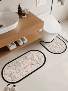 1/3 Pieces Set Of Retro Bathroom Set, Sketch Floral Pattern, Non-Slip Absorbent Floor Mats, Diatom Mud Floor Mats, Retro Decorative Floor Mats, Bathroom U-Shaped Toilet Mats, Wash Basin Absorbent Foot Mats, 2.5mm Thickness Back To School Entryway Decor Bathroom Kitchen Decor - Black Sketch Flowers - View 3